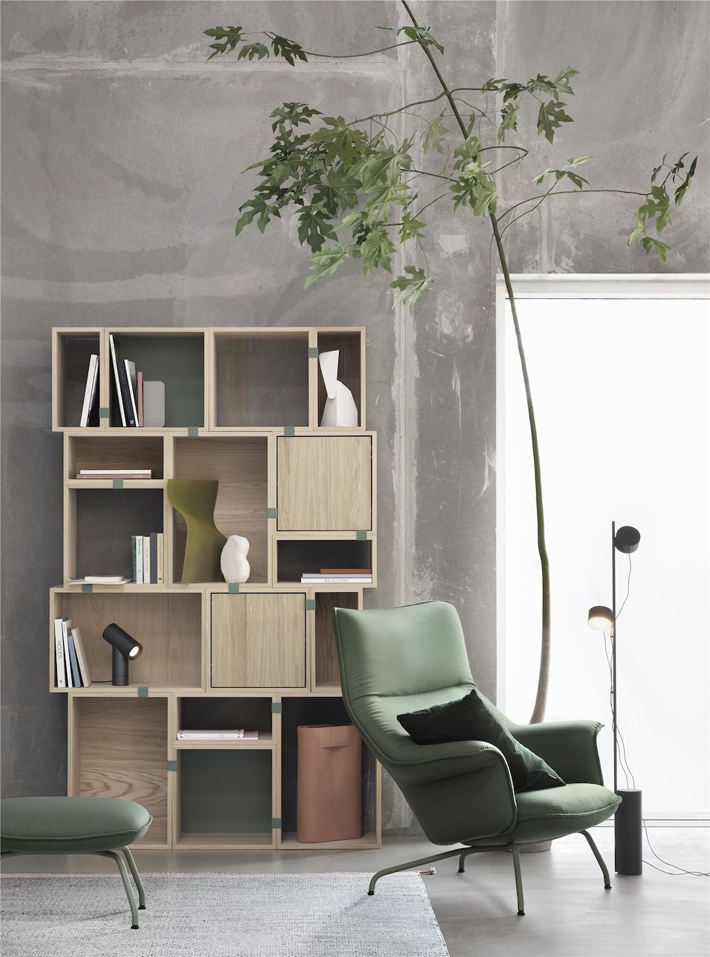 Goldkant Stacked Oak Dusty Green Doze Chair Ottoman Forest Nap 952 Post Floor Lamp Ply Rug Ridge Vase Muuto Org