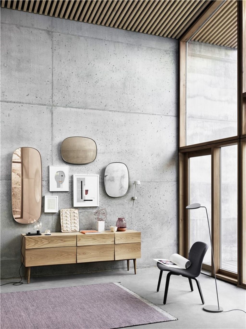 Muuto Framed Mirrors Reflect Sideboard Lean Lamp